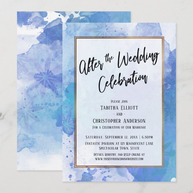 After the Wedding Celebration Gold Blue Abstract Invitation (Front/Back)