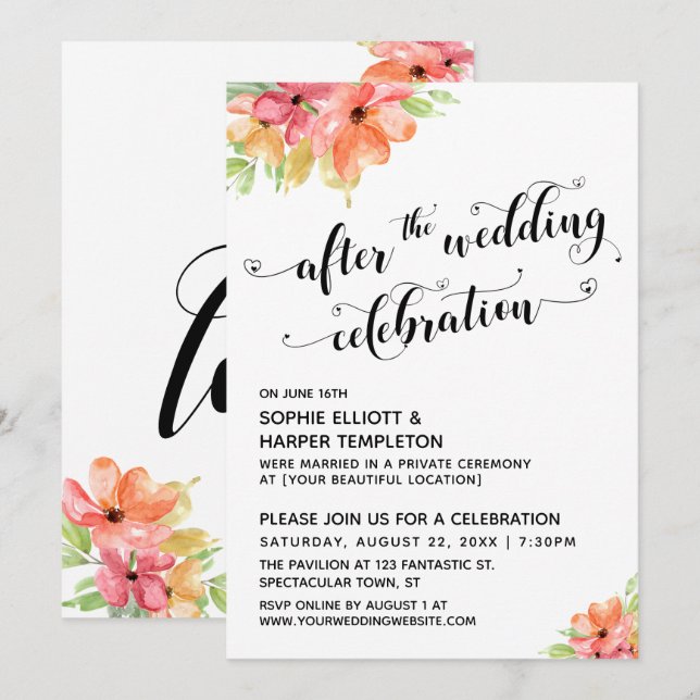 After the Wedding Celebration Hearts Script Floral Invitation (Front/Back)