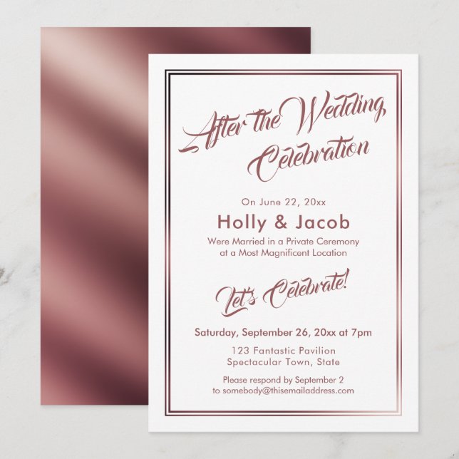 After the Wedding Celebration Rose Gold Over White Invitation (Front/Back)