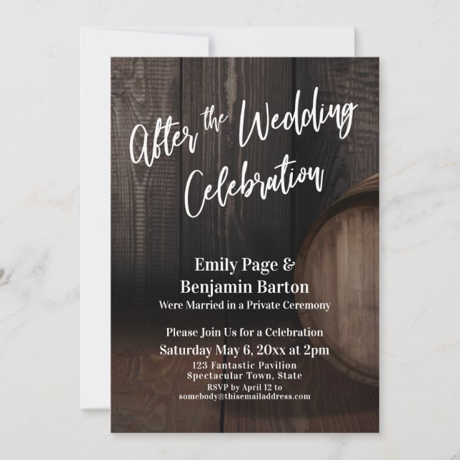 After the Wedding Celebration Rustic Wooden Barrel Invitation (Front)