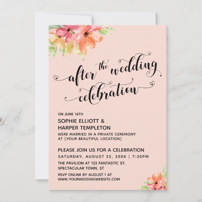 After the Wedding Celebration Script Blush Floral Invitation (Front)