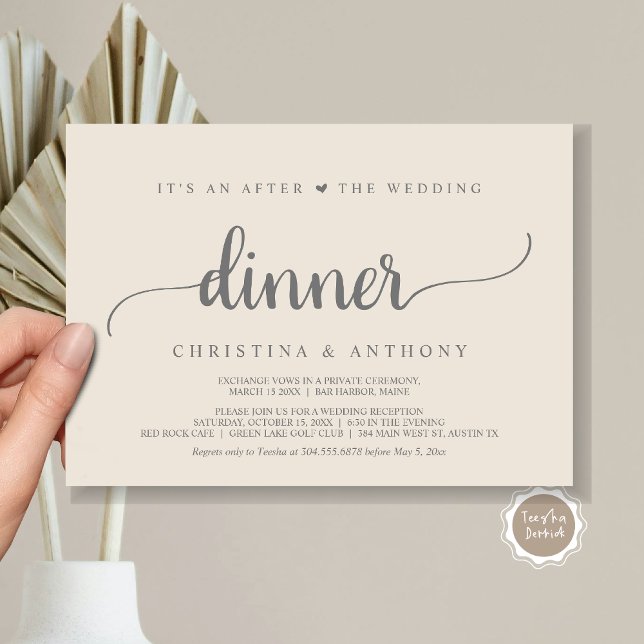 After The Wedding Dinner, Rustic Elopement Invitation (It's An After The Wedding Dinner, Elopement Invitation Card, Modern Rustic Script in Grey and Cream.)