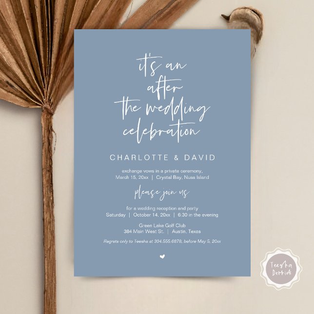After the wedding, Navy Blue, Elopement Party Invitation (Its an after the wedding celebration, Elopement Dinner Party Invitation Card, PDF, in dusty blue)