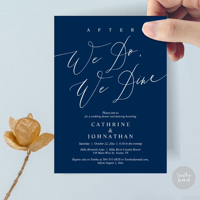 After we do, we dine, Wedding Dinner and Dancing Invitation (After we do, we dine, Modern Romance Wedding Dinner and Dancing Invitation Card, PDF, in Navy Blue)