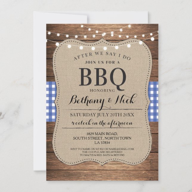 After We Say I Do BBQ Rustic Blue Lights Invite (Front)