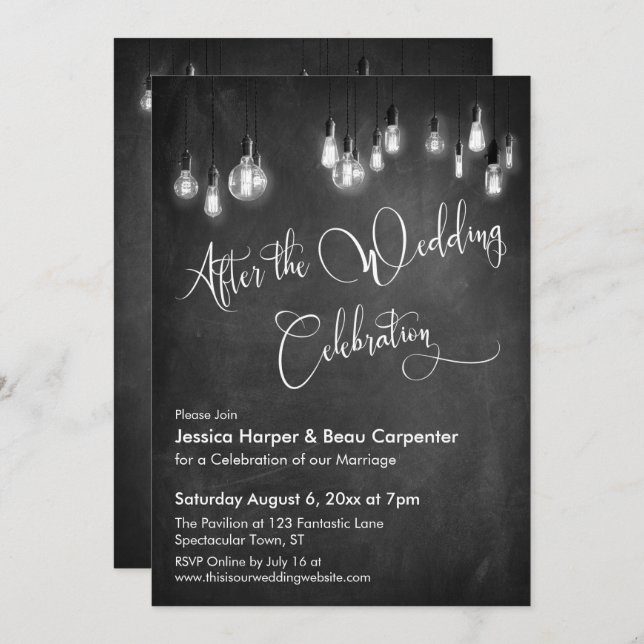 After Wedding Celebration Edison Lights Chalkboard Invitation (Front/Back)