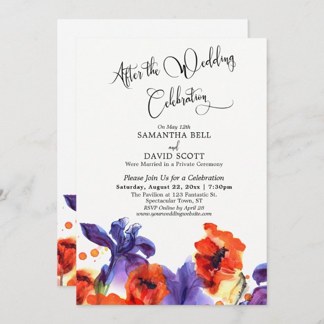 After Wedding Celebration Red Poppies Purple Iris Invitation (Front/Back)