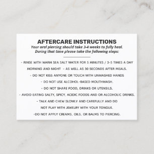 Aftercare for Lip, Tongue and Cheek Piercing Busi Business Card