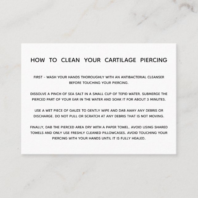 Aftercare Instructions For Cartilage Piercing Business Card (Front)