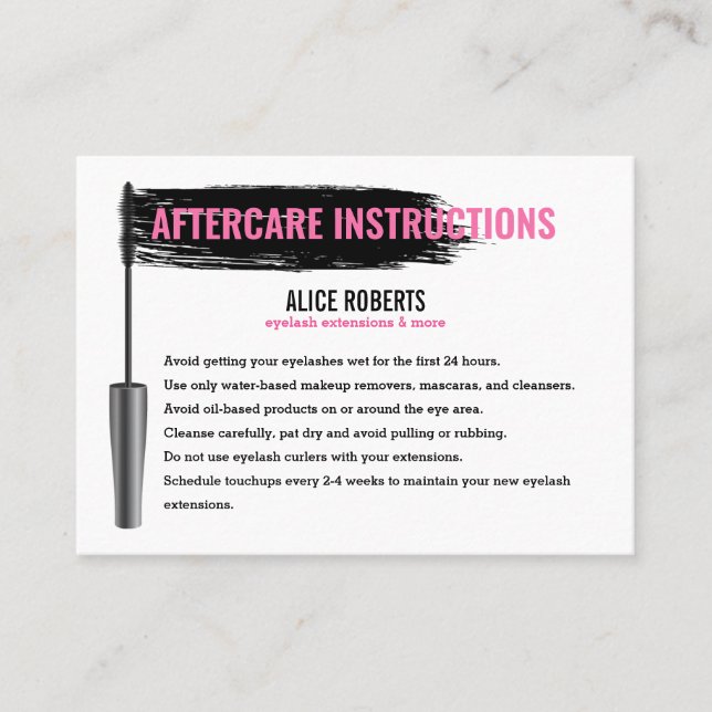Aftercare Instructions for Eyelashes  Brow Bar Business Card (Front)