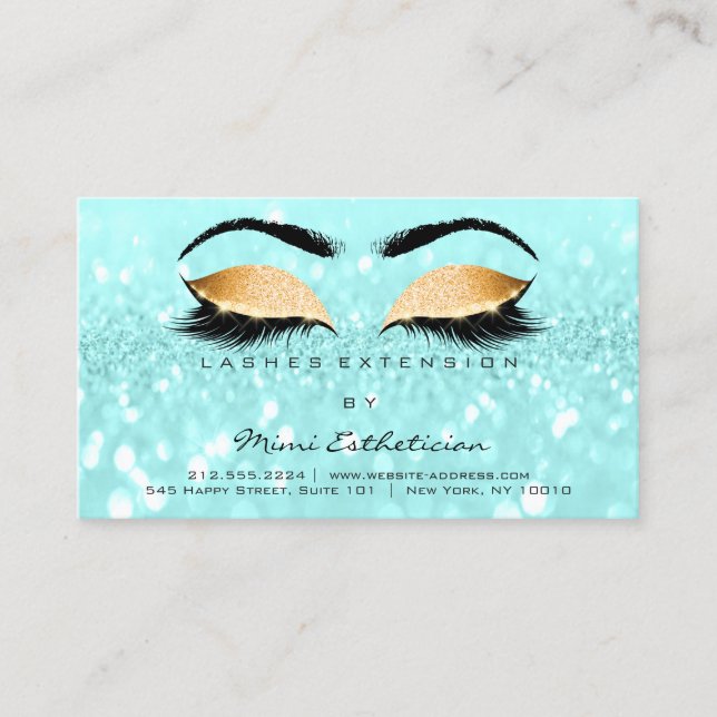 Aftercare Instructions Lashes Ocean Blue Gold Business Card (Front)