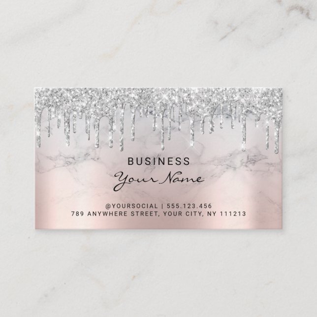 Aftercare Instructions Pink Glitter Drips Silver Business Card (Front)