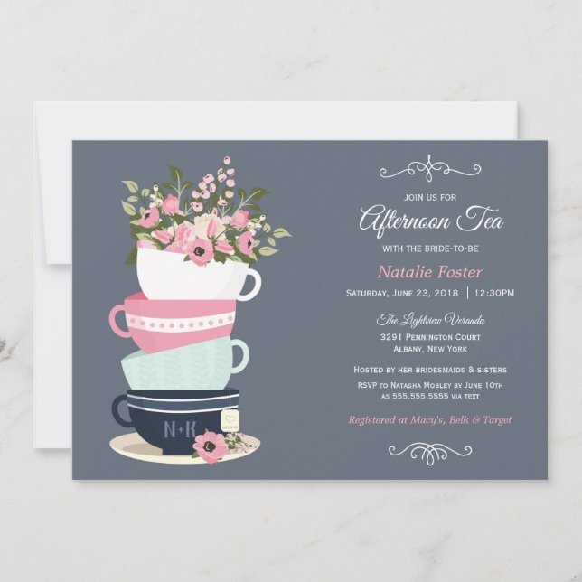 Afternoon Tea Bridal Shower Invitation | Blue Pink (Front)