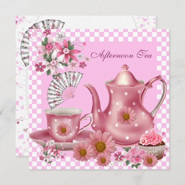 Afternoon Tea Cupcake Pink Floral Teapot Fan Invitation (Front/Back)