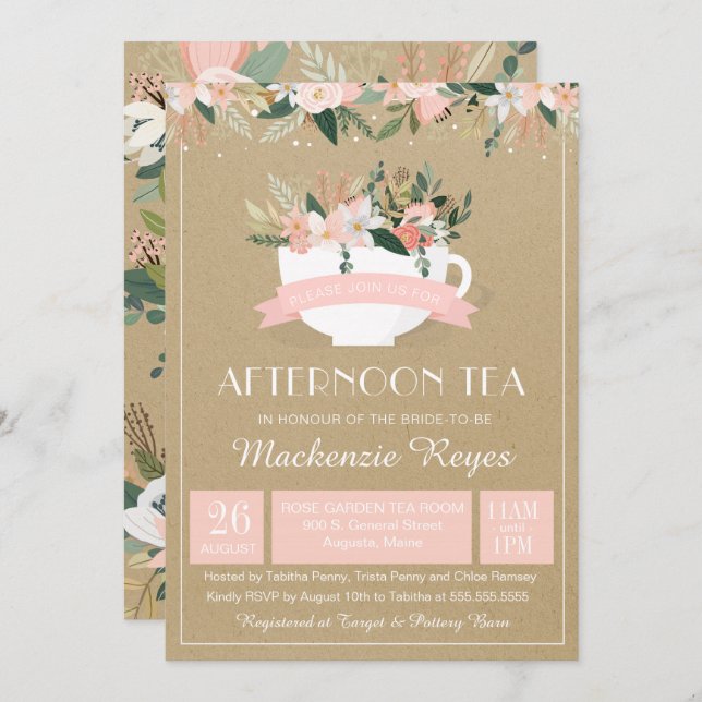 Afternoon Tea Floral Teacup Blush Bridal Shower Invitation (Front/Back)