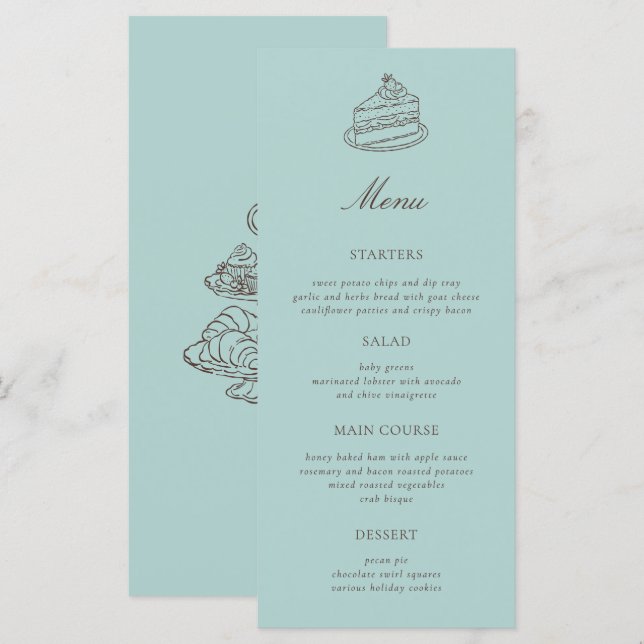 Afternoon Tea Hand-drawn Blue Bridal Shower Menu (Front/Back)