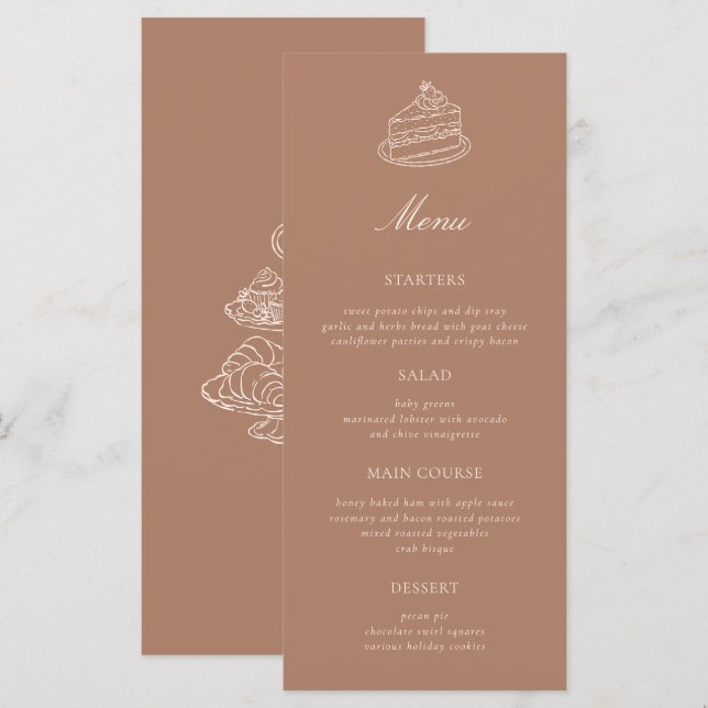 Afternoon Tea Hand-drawn Brown Bridal Shower Menu (Front/Back)
