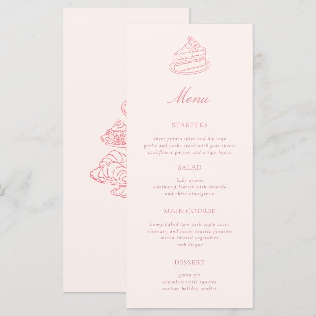 Afternoon Tea Hand-drawn Pink Bridal Shower Menu (Front/Back)