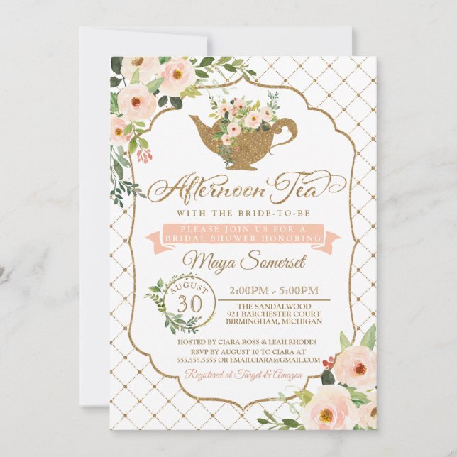 Afternoon Tea Luxury Blush Floral Bridal Shower Invitation (Front)