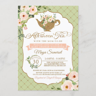 Afternoon Tea Luxury Blush Mint Floral Baby Shower Invitation