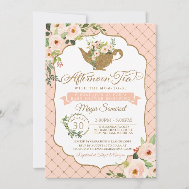 Afternoon Tea Luxury Blush Pink Floral Baby Shower Invitation (Front)