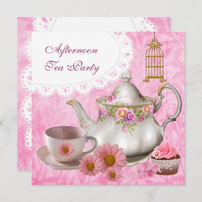 Afternoon Tea Party Cupcake Pink Floral Teapot Invitation (Front/Back)