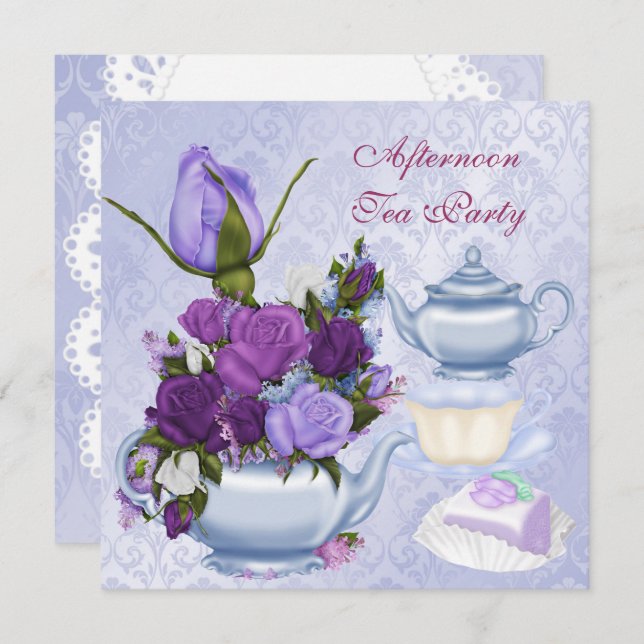 Afternoon Tea Party Purple Floral Teapot Invitation (Front/Back)