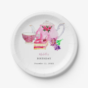 Afternoon Tea Party Script Elegant Pink Birthday Paper Plate