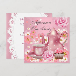 Afternoon Tea Party Vintage Pink Rose Teapot Invitation