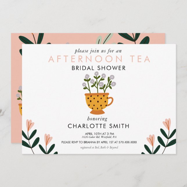 Afternoon Tea Pink Floral Bridal Shower Invitation (Front/Back)