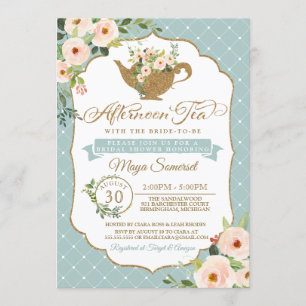 Afternoon Tea Turquoise Blue Floral Bridal Shower Invitation