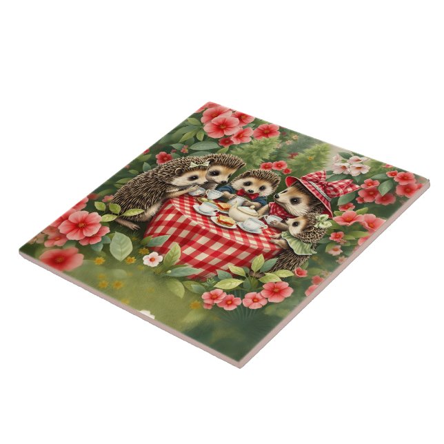 Afternoon Tea with Hedgehogs in Country Garden Tile (Side)