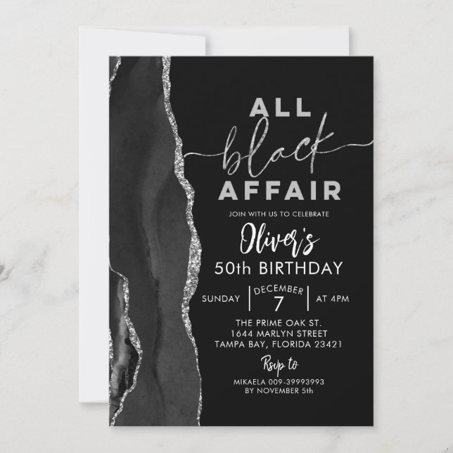 Agate All Black Affair Adult Birthday Party Invitation (Front)