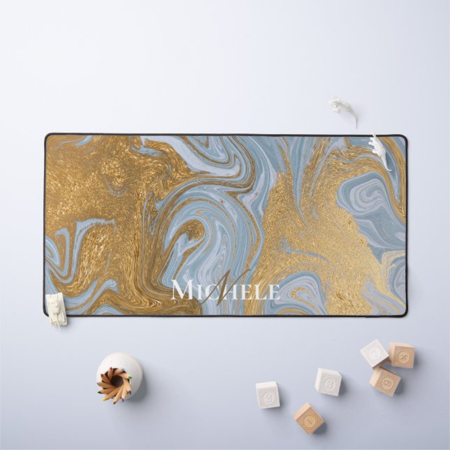 Agate Baby Blue Gold Marble Custom Name Letter  Desk Mat (Kids Table)