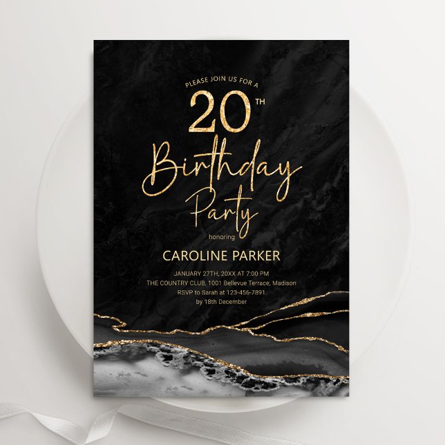 Agate Black Gold 20th Birthday Invitation (Creator Uploaded)