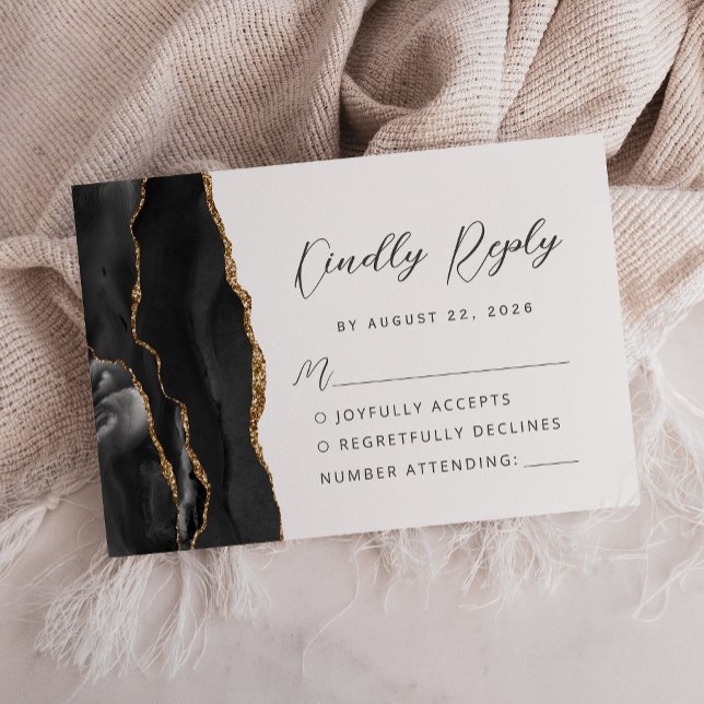 Agate Black Gold Modern Script Wedding RSVP Card (Creator Uploaded)