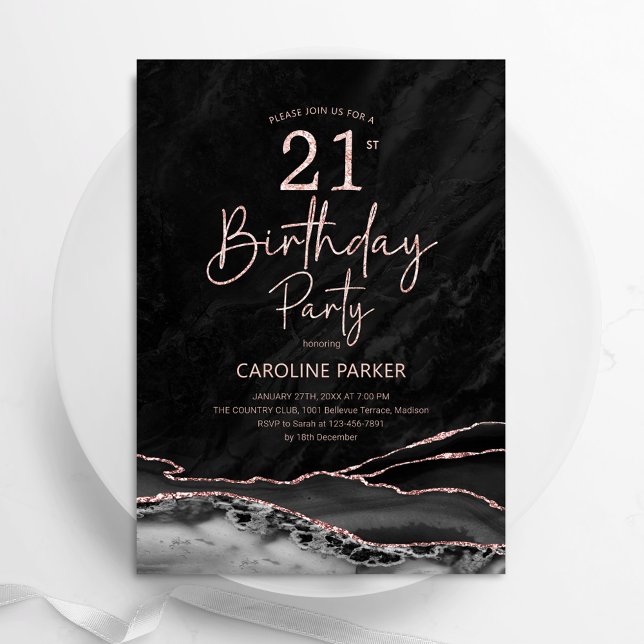 Agate Black Rose Gold 21st Birthday Invitation (Creator Uploaded)