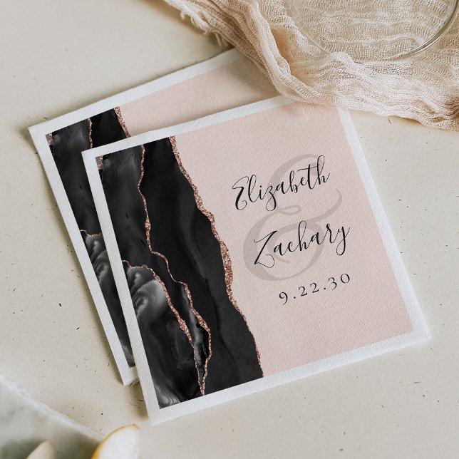 Agate Black Rose Gold Blush Pink Script Wedding  Napkin (Creator Uploaded)