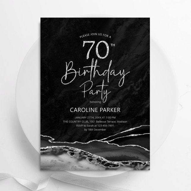 Agate Black Silver 70th Birthday Invitation (Creator Uploaded)