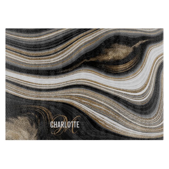 Agate Black white and gold fluid monogram name Cutting Board (Front)