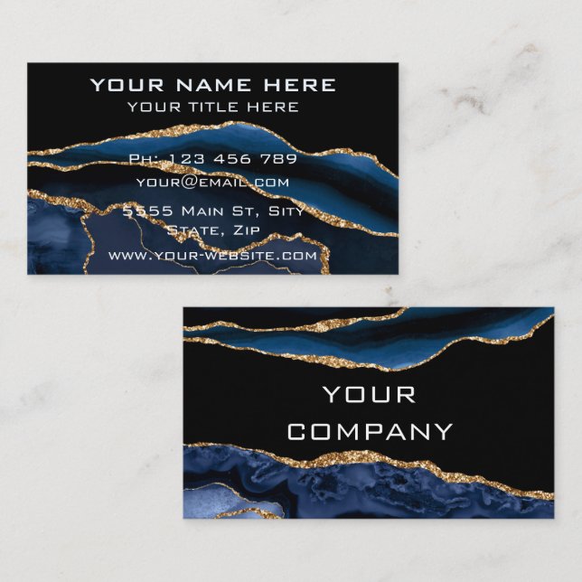 Agate Blue Black and Gold Business Cards Example (Front/Back)
