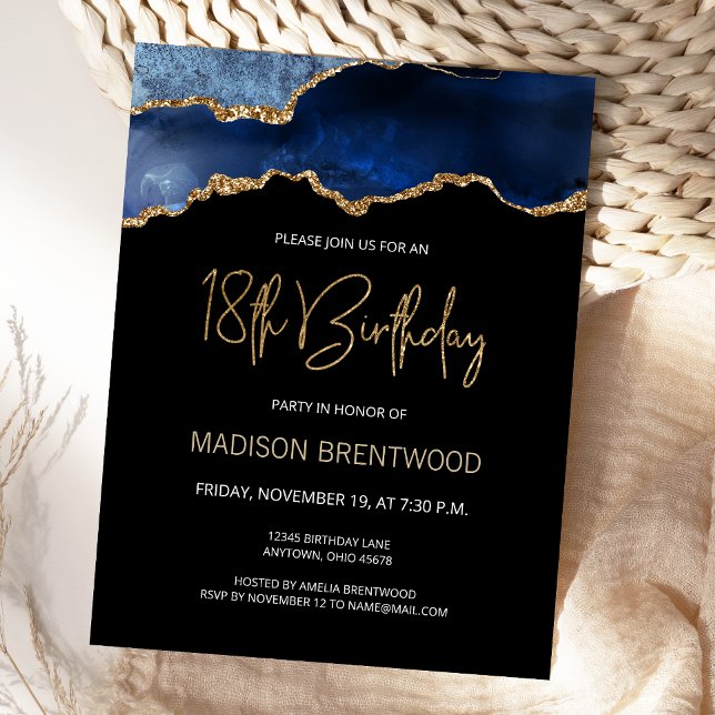 Agate Blue Gold 18th Birthday Invitation Postcard (Creator Uploaded)