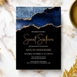 Agate Blue Gold Dark Sweet 16 Birthday Party Invitation