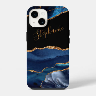 Agate Blue Gold Glitter Custom Name iPhone 14 Case
