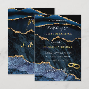 Agate Blue Gold Glitter Marble Wedding Invitation