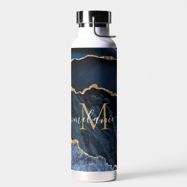 Agate Blue Gold Marble Name Letter Water Bottle (Left)