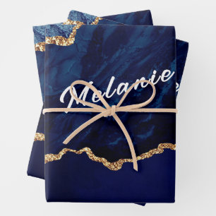 Agate Blue Gold Wrapping Paper Sheets - Your Name