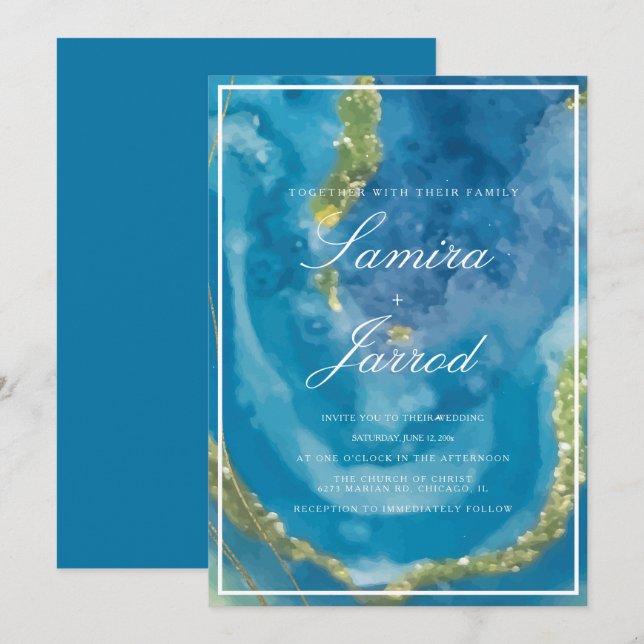 Agate Blue Hand Watercolor Faux Gold Wedding Invitation (Front/Back)