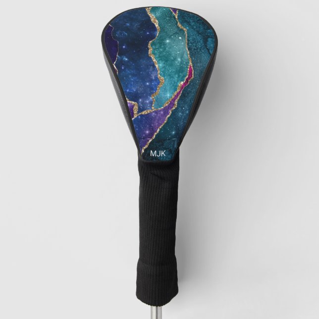 Agate Blue Purple Aqua Gold Veins Monogram Golf Head Cover (Front)