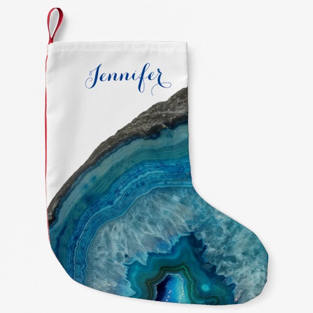 Agate Blue turquoise White Monogram Name Cool Small Christmas Stocking (Front)